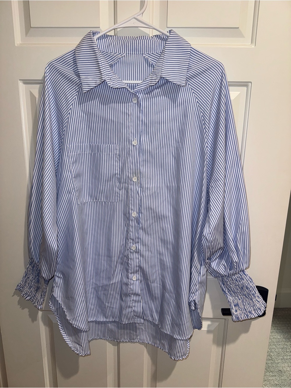 Blue and White Striped Button-Up Shirt Smocked Sleeves Pockets Medium